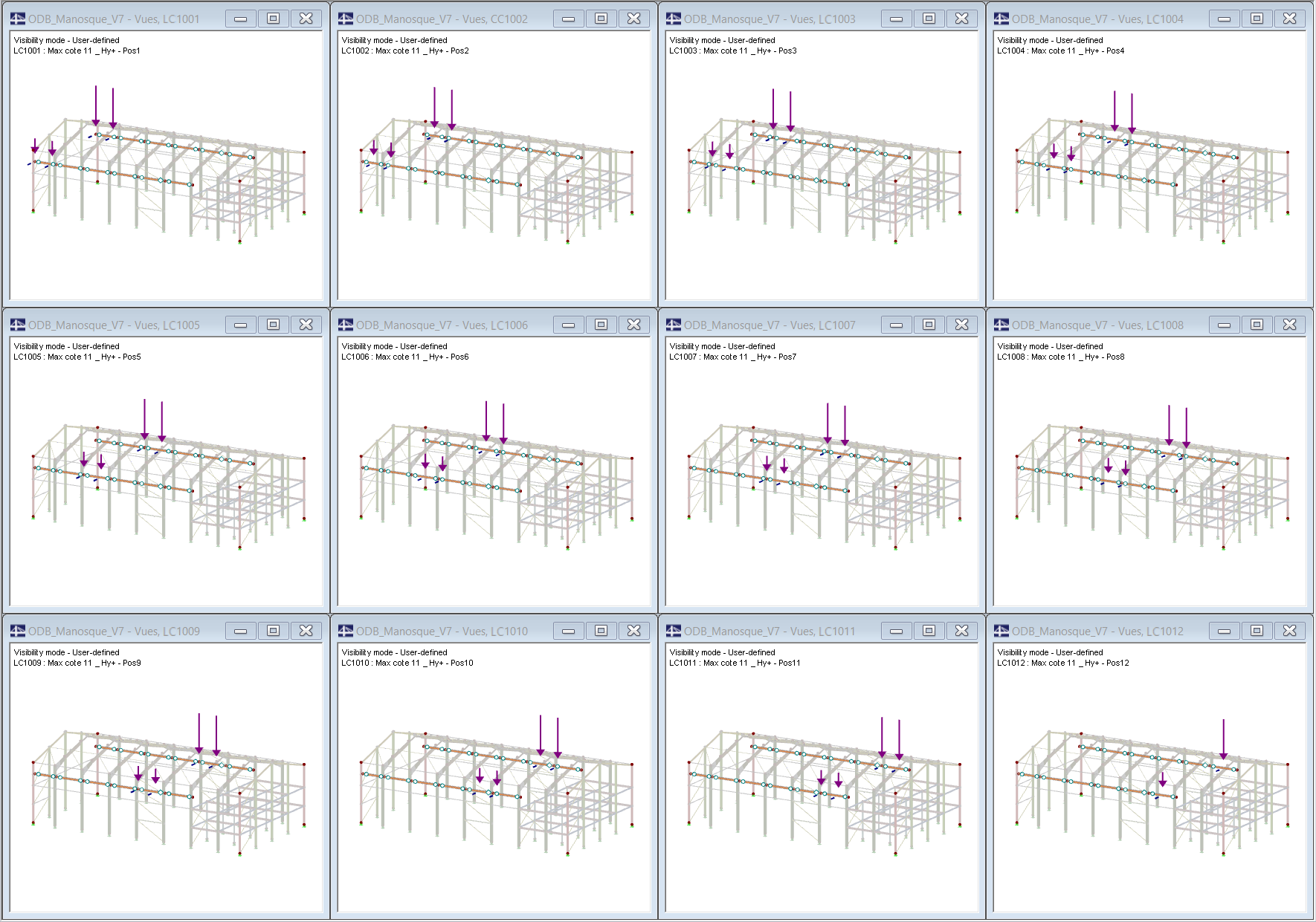 Diferentes posiciones del puente grúa en RFEM (© Albyr)